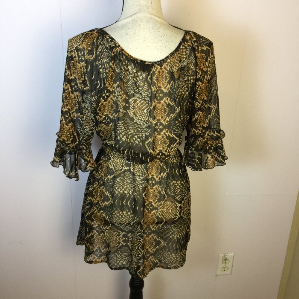 Mushka By Sienna Rose Tunic Blouse Sz M Womens Animal Print Smocked Waist Beaded - Picture 2 of 13